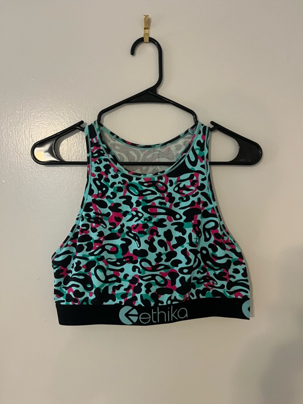 Ethika Women's Vibrant Pink and Blue Leopard Print Sports Bra Top Size Large
